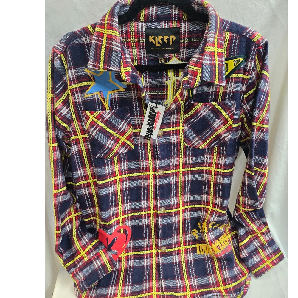 Kleep Born In USA Made By Human Flannel Shirt kid Size 13-14 Plaid Patches